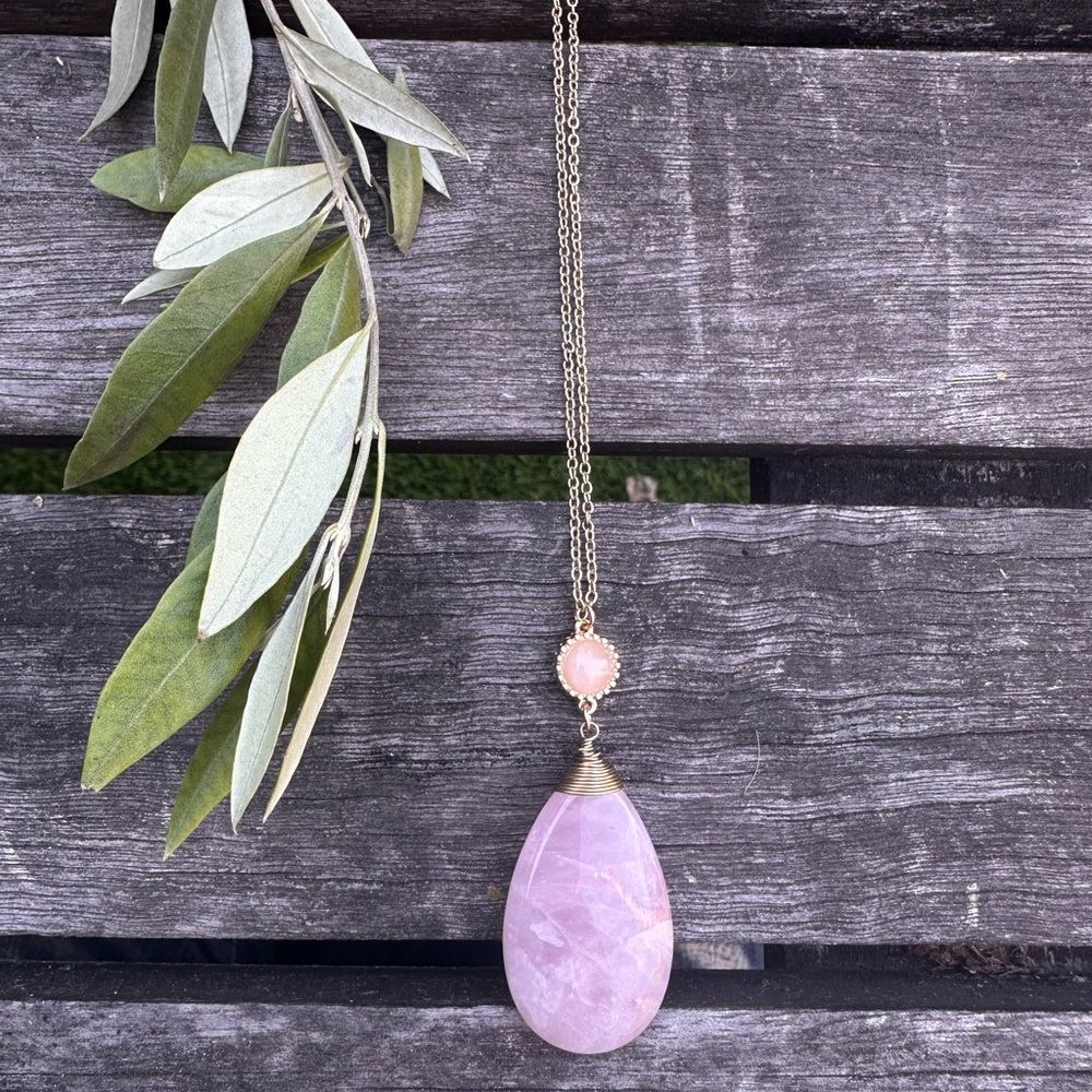 SOLD Gold Chain Pink Rose Quartz Teardrop Pendant Necklace